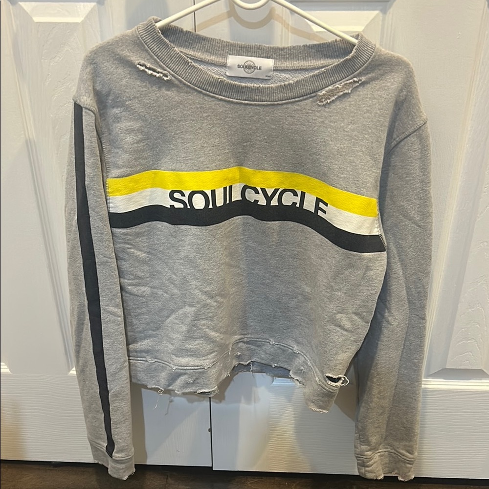 SoulCycle Distressed Gray and Yellow Graphic Crop Sweatshirt